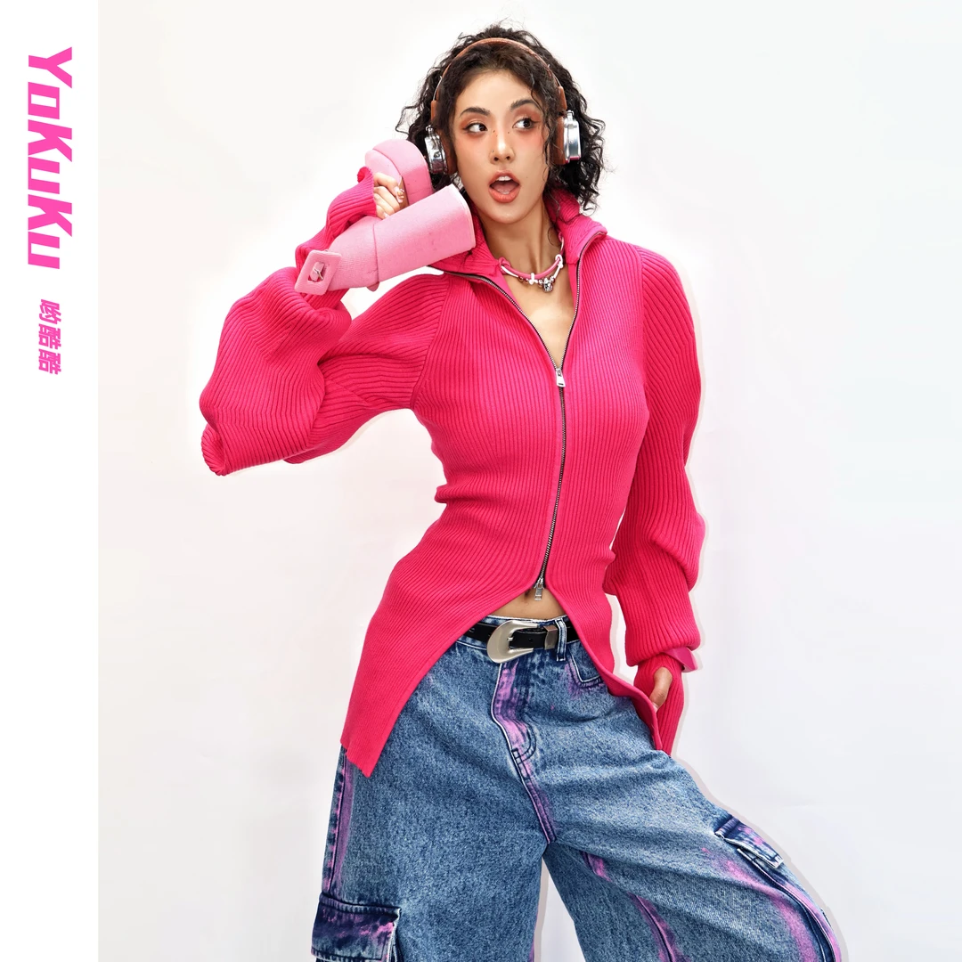 哟酷酷（久处怦然）秋冬时尚双拉链拇指袖针织开衫毛衣气质显瘦女装