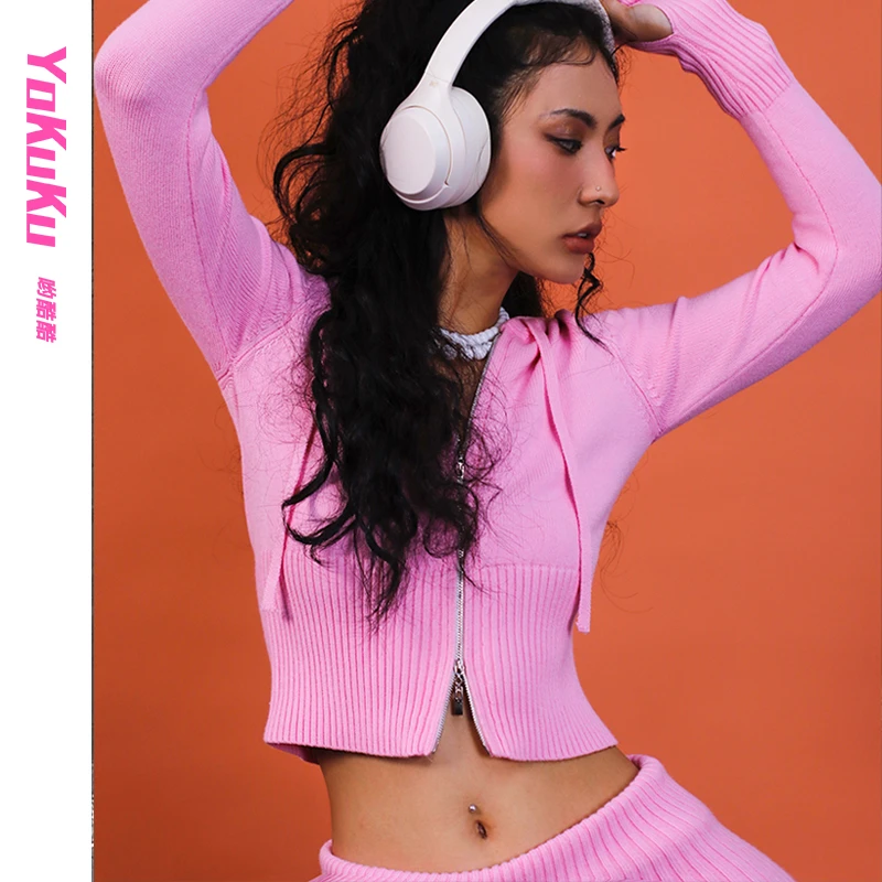 哟酷酷（力量美学）美式长袖上衣高领+弹力喇叭裤欧美毛衣套装秋冬