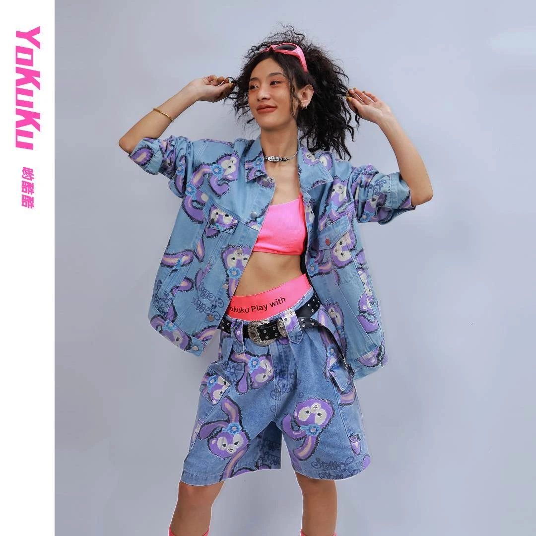 哟酷酷（郁金香摩锐）卡通星黛露印花短款牛仔外套百搭五分阔腿短裤