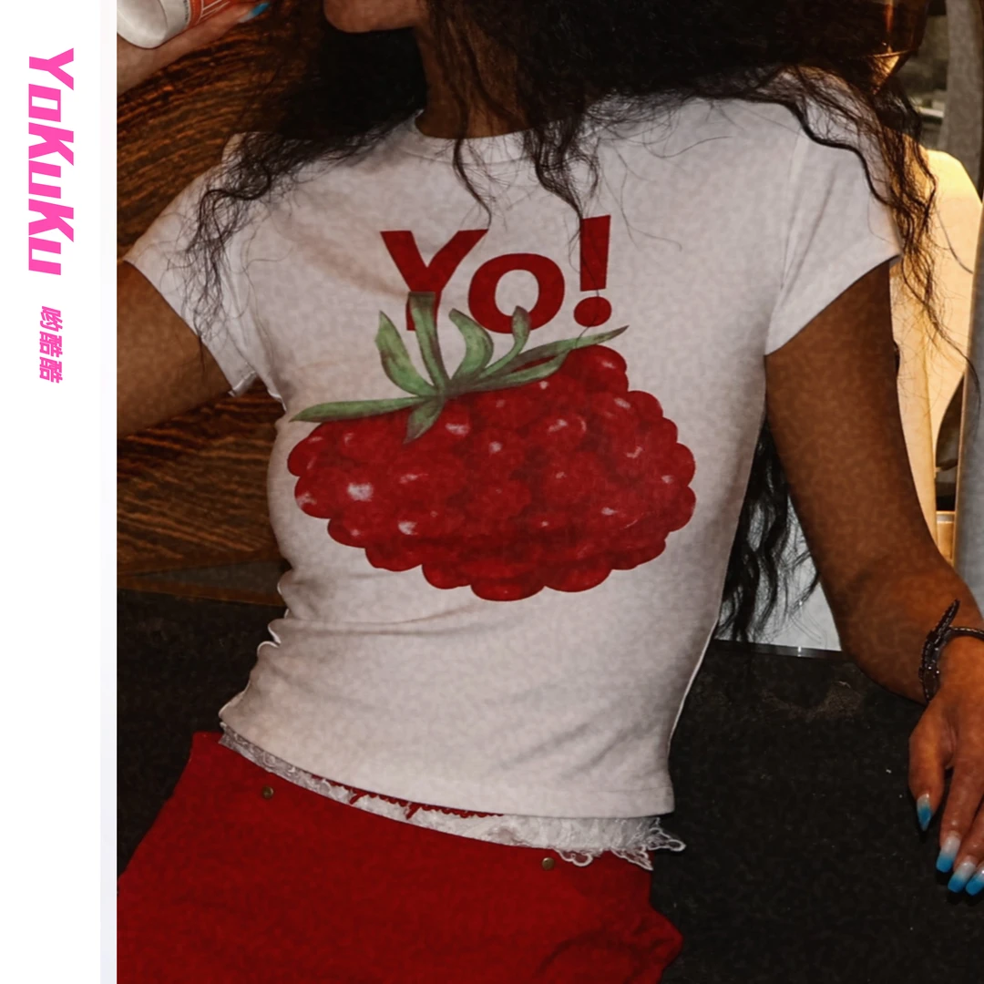 哟酷酷（莓子酱）ing复古浆果树莓上衣立体感修身显瘦百搭短袖T恤