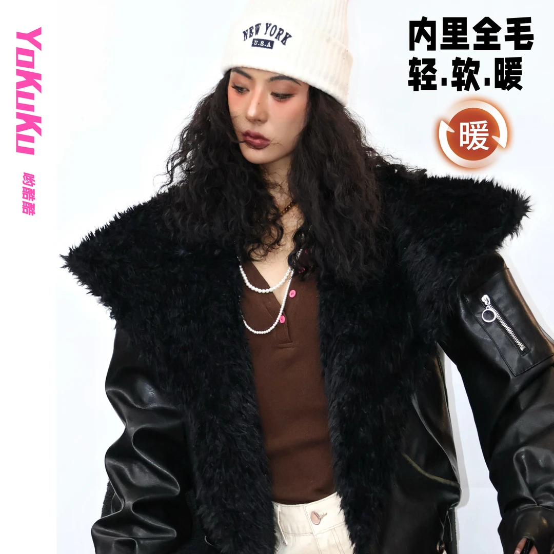哟酷酷（富人区）冬季保暖西伯利亚酷飒复古男女同款毛领皮夹克外套