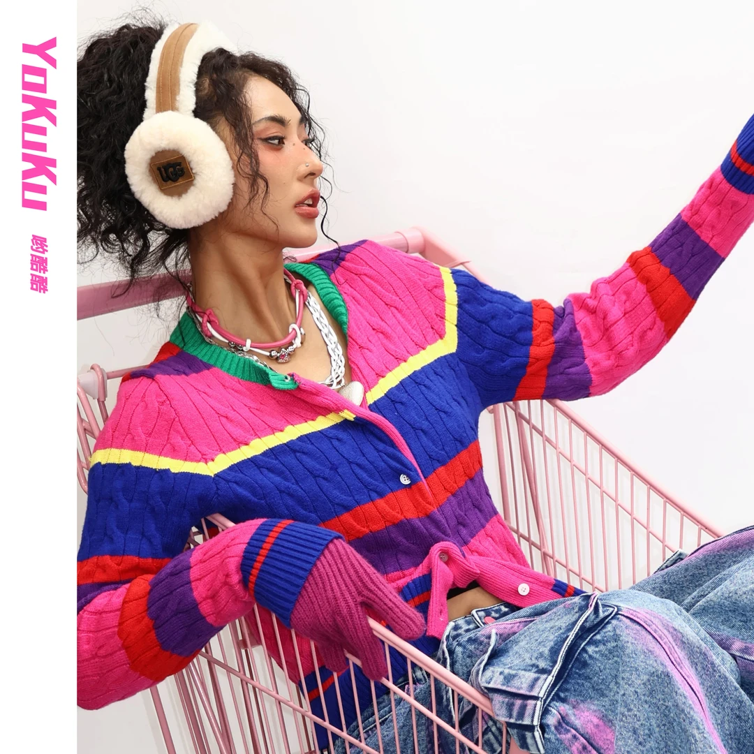 哟酷酷（初见乍欢）美式彩虹条纹百搭休闲针织麻花保暖开衫毛衣