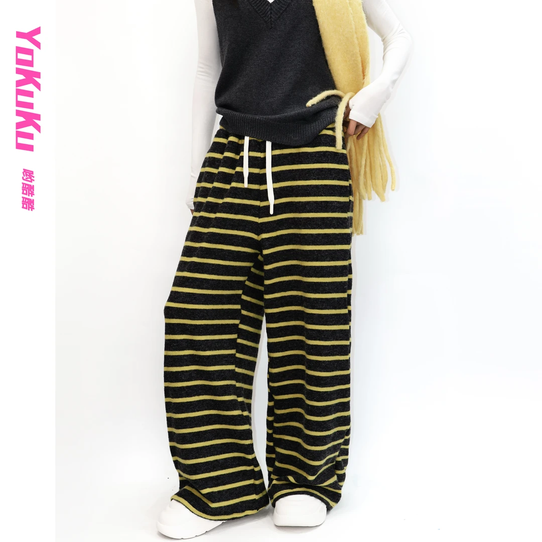 哟酷酷（都市快报）美式复古软糯保暖抽绳条纹松紧腰百搭显瘦休闲裤