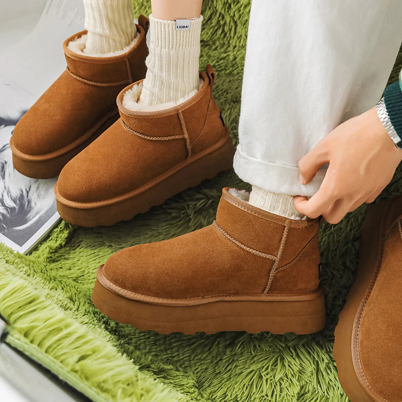 东北雪地靴男冬季真皮情侣面包鞋防水防滑加厚增高保暖加绒女棉鞋