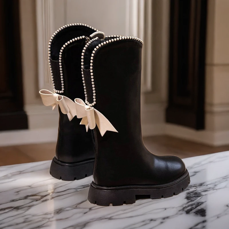 女童鞋真皮长筒靴2023秋冬季新款儿童女孩时尚皮靴公主洋气加绒