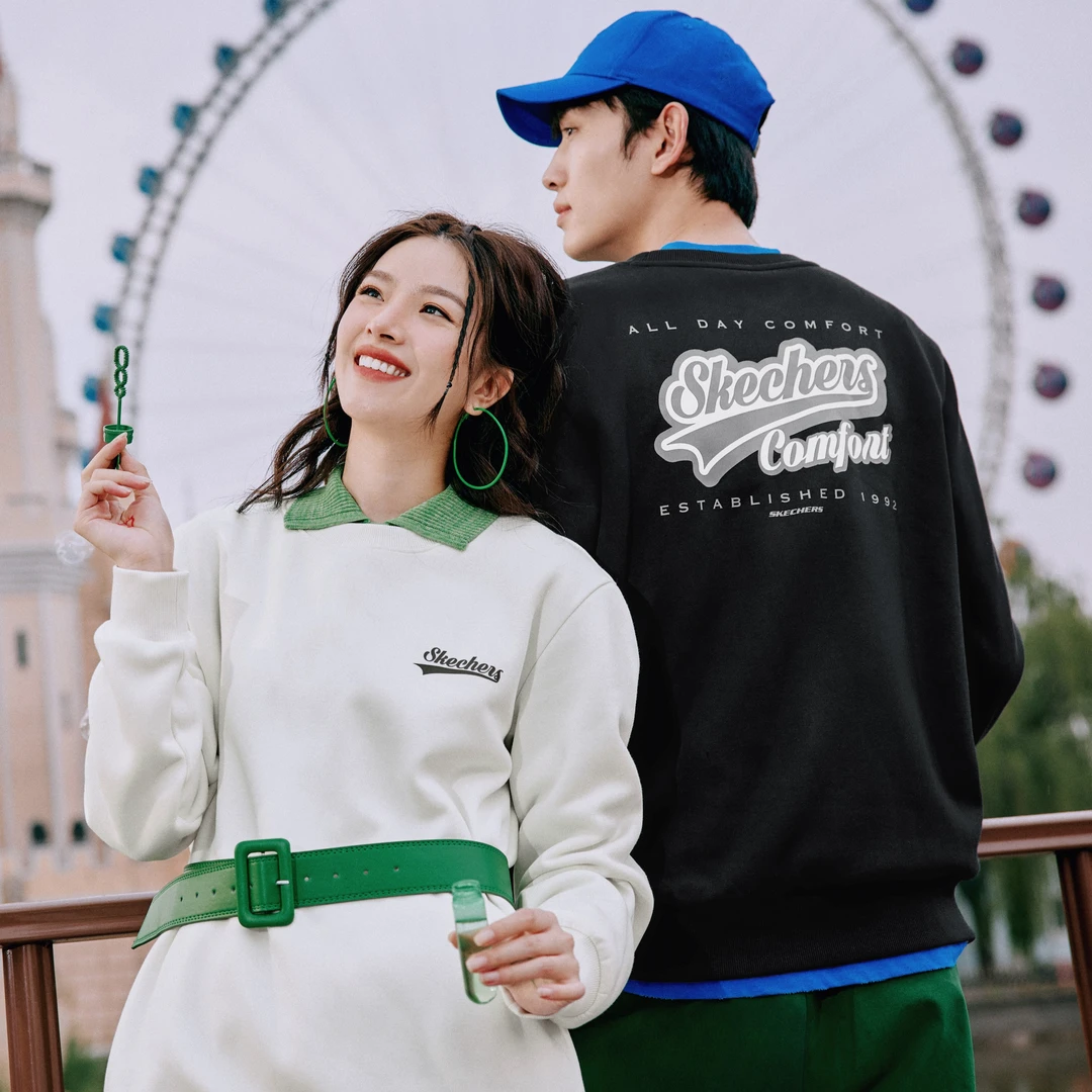 Skechers斯凯奇情侣款圆领加绒卫衣新款男女百搭套头上衣L323U073