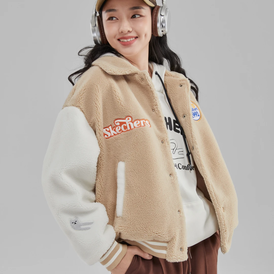 Skechers斯凯奇女子冬季新款羊羔绒运动外套潮流撞色上衣L423W077