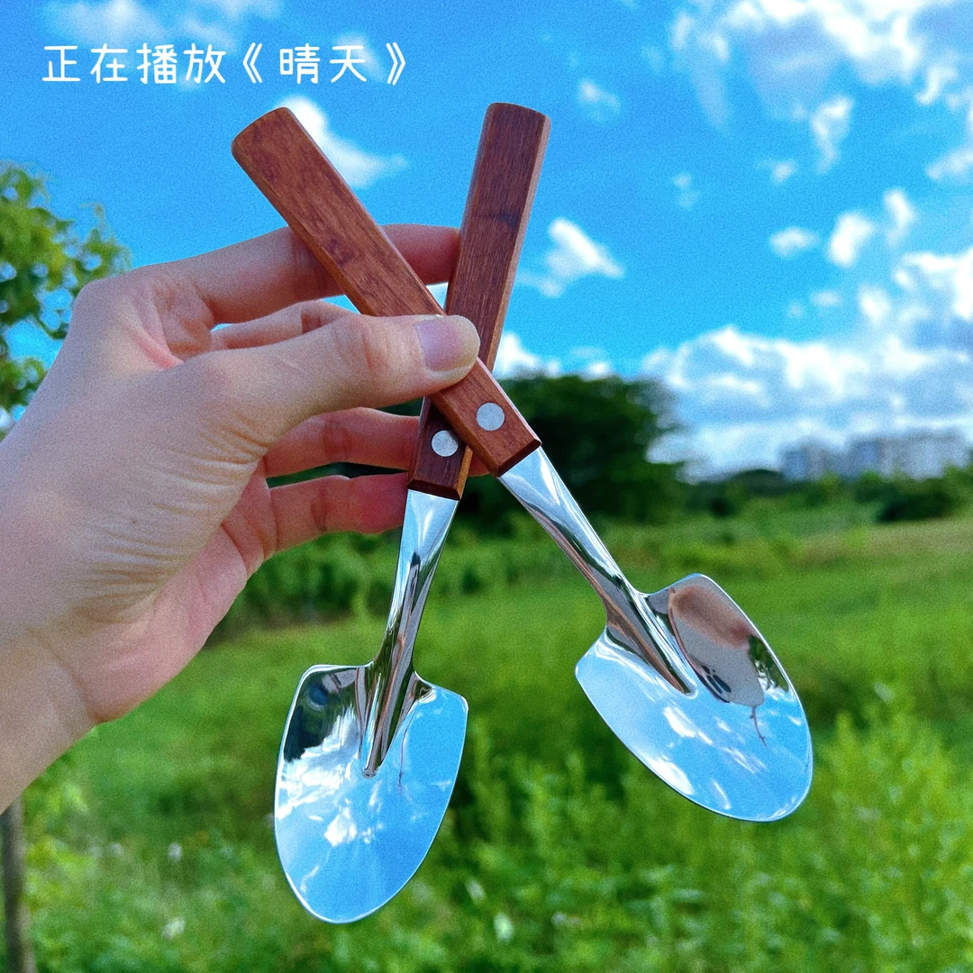 夏季复古实木手柄304不锈钢5A级镜面抛光铁锹勺西瓜勺吃瓜专用勺