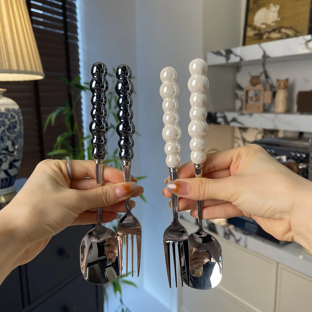 法式轻奢电镀陶瓷手柄304食品级不锈钢餐具镜面抛光高颜值餐勺