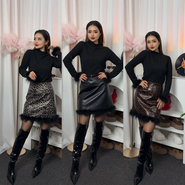时尚套装套装修身气质上衣➕pu羽毛半身裙套装