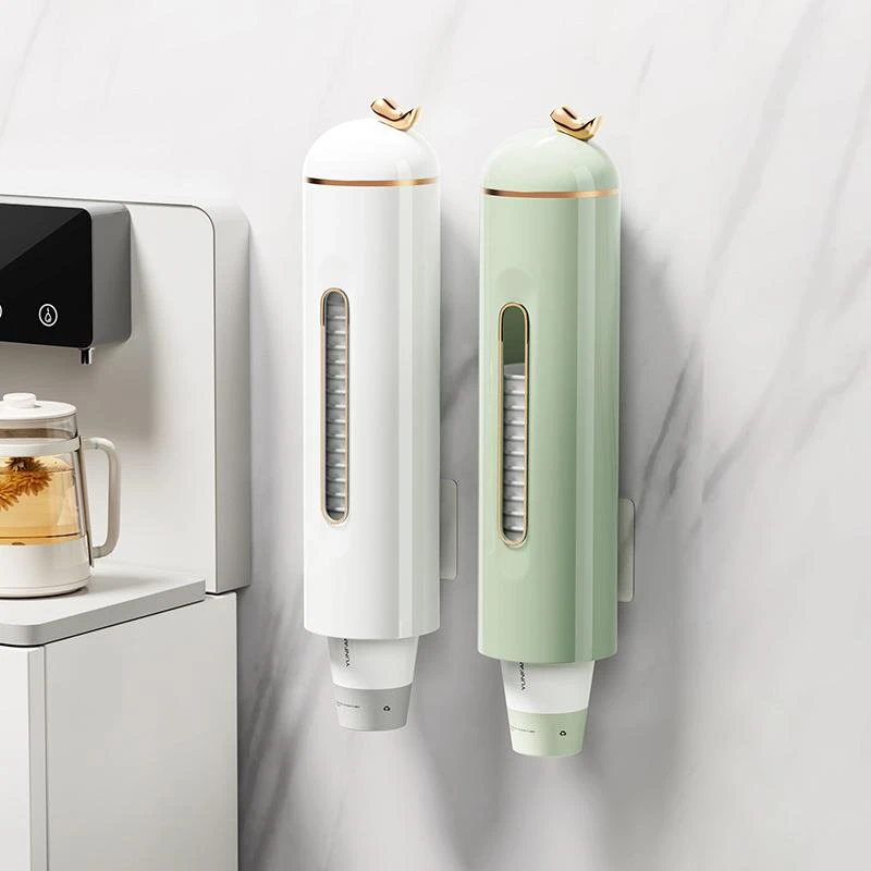 免打孔杯子收纳盒家用厨房自动杯架置物架挂壁式纸杯架大容量承重