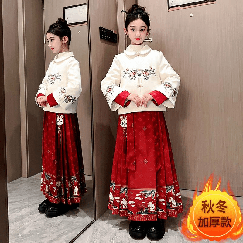 女童秋冬马面裙加绒加厚套装2023新款中国风汉服中大童拜年服唐装