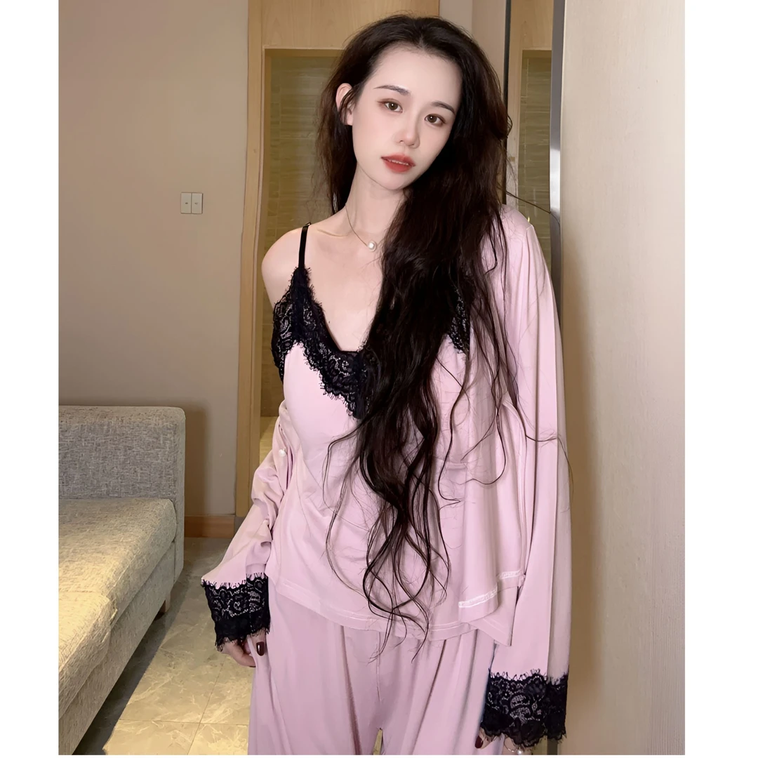 (带胸垫)春秋冬睡衣女三件套长袖长裤蕾丝性感纯欲显瘦法式家居服