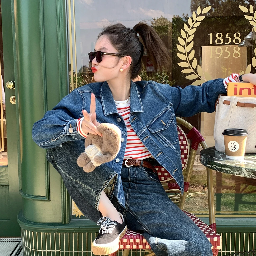 美式复古牛仔外套女2024春秋新款时尚百搭帅气纯色长袖通勤短上衣