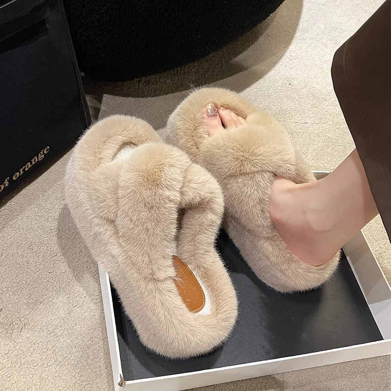 小众交叉厚底毛毛拖鞋女2025秋冬新款外穿仙女风增高软底毛绒棉拖