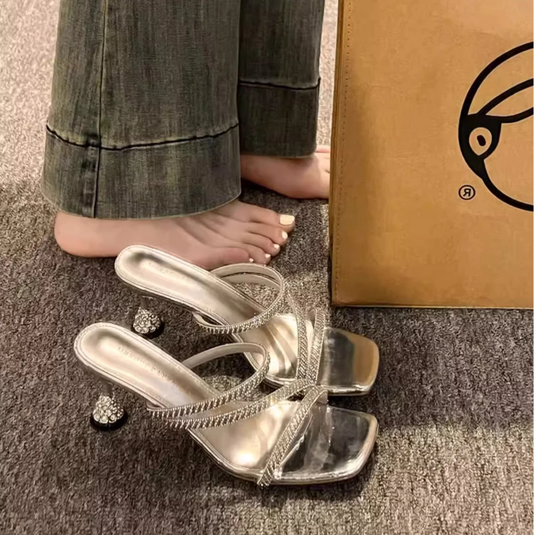御姐风~水晶凉拖细跟高跟鞋女夏外穿2024年新款配裙子水钻一字拖