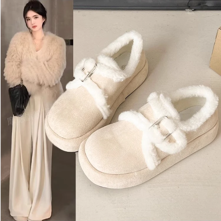 厚底增高勃肯鞋女加绒白色毛毛鞋乐福棉鞋2025新款冬季保暖雪地靴