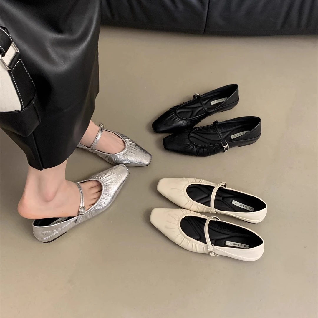 银色奶奶单鞋女夏新款软皮温柔仙女风气质法式晚晚鞋平底玛丽珍