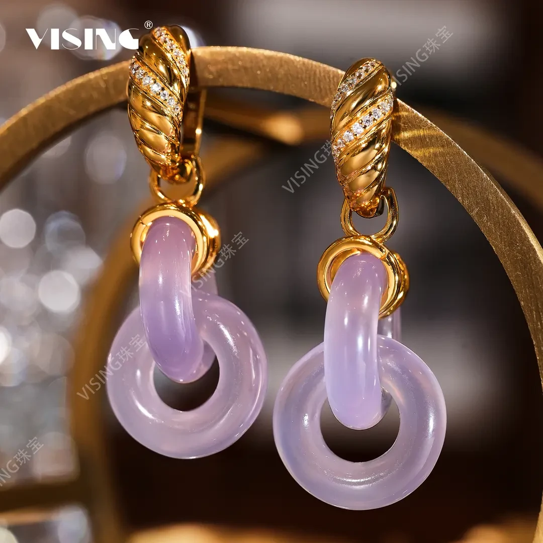 VS珠宝天然原色紫罗兰紫玉髓多戴款双环耳坠耳环国风新中式