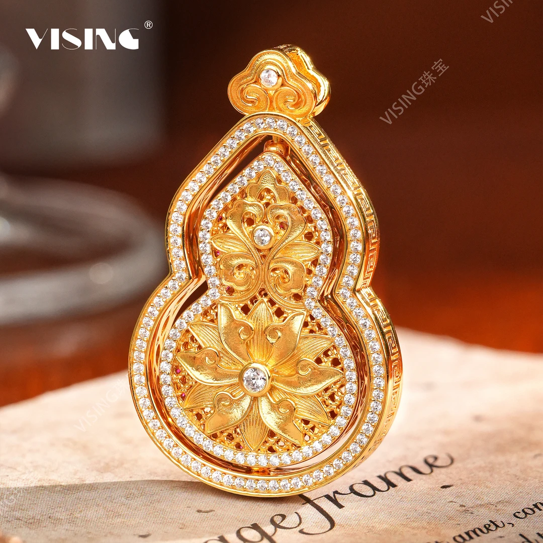 坠链均925银合成锆石 VISING珠宝金色双面旋转大葫芦吊坠镶嵌项链