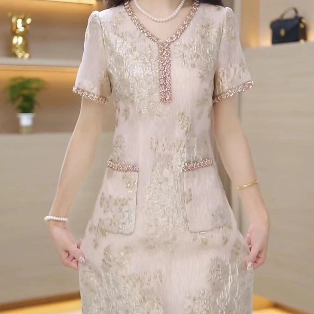 国风新中式时尚云锦丝精工缇花连衣裙2025夏季新款修身显瘦礼服裙