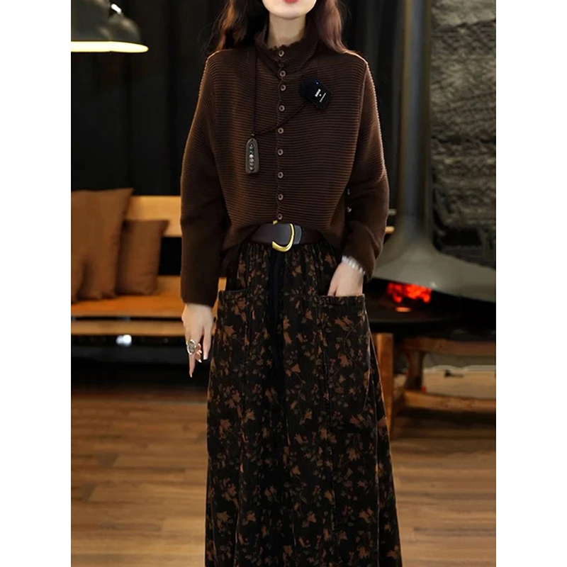 送腰带!时尚洋气裙套装2025秋季新款慵懒百搭针织衫+印花半身裙