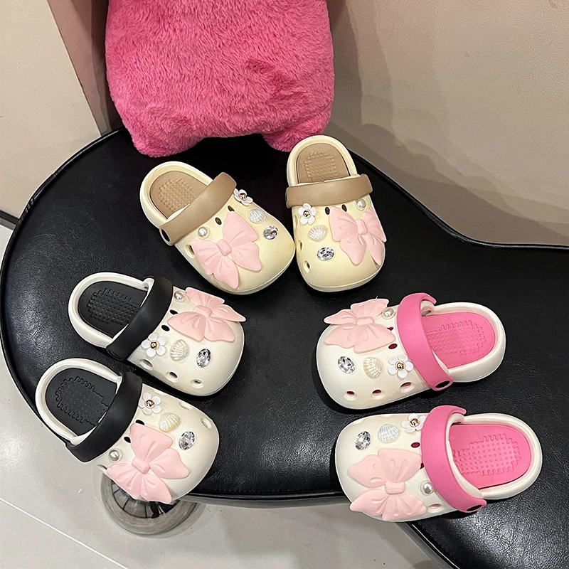 可爱蝴蝶结包头女拖鞋2024儿童夏季时尚防滑少女心外穿软底洞洞鞋