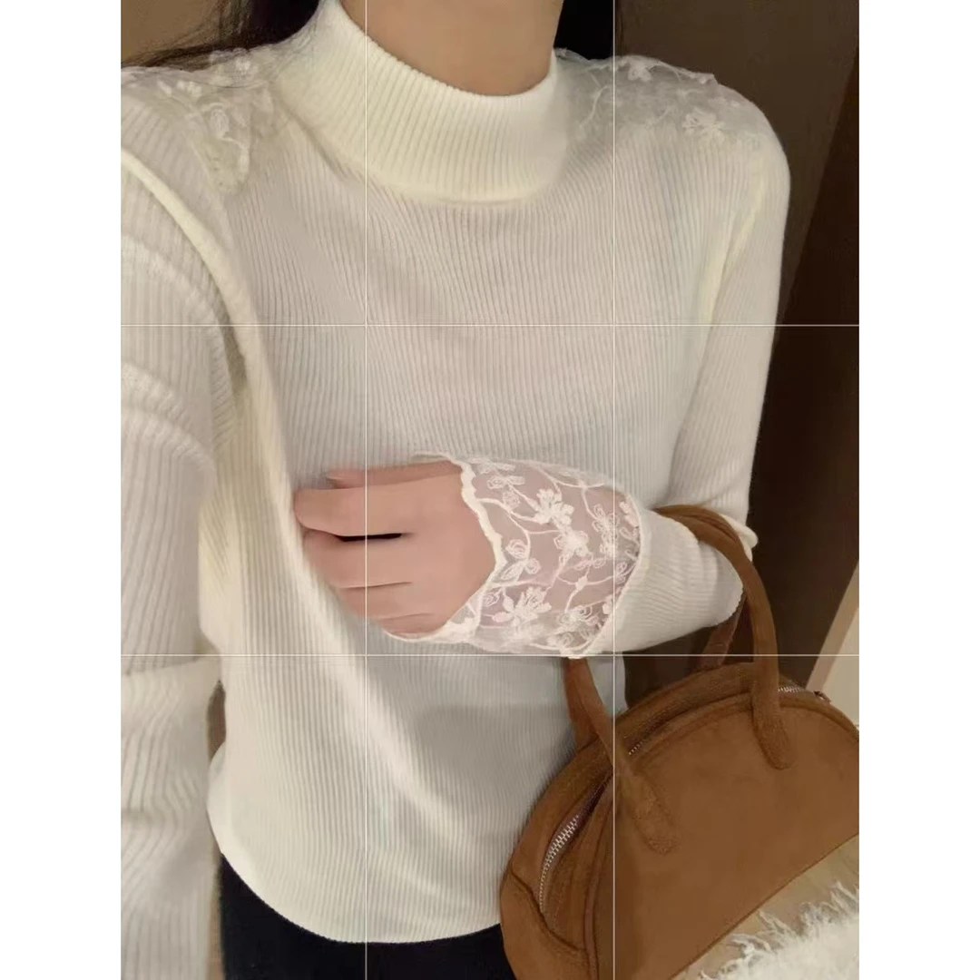 【黑白色袖子肩部拼接蕾丝打底针织衫】5897新款气质百搭针织衫女