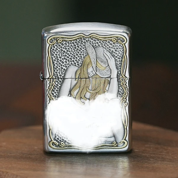 ZIPPO/之宝打火机  牛仔女郎 镀银鎏金 盔甲机 双面浮雕 DY9912DK