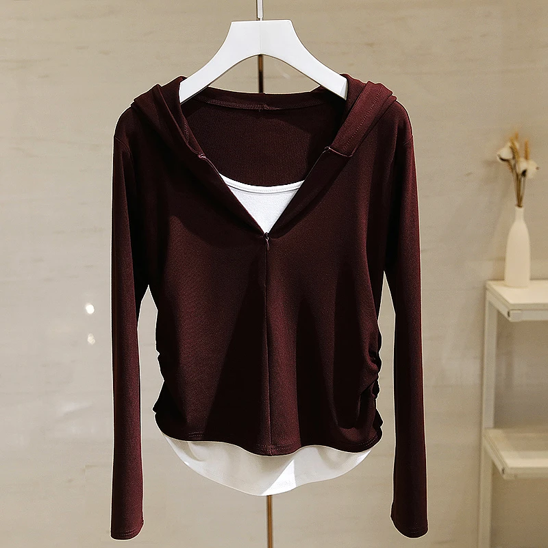 安可拉红假两件连帽长袖T恤女2024年秋季新款收腰修身显瘦上衣潮