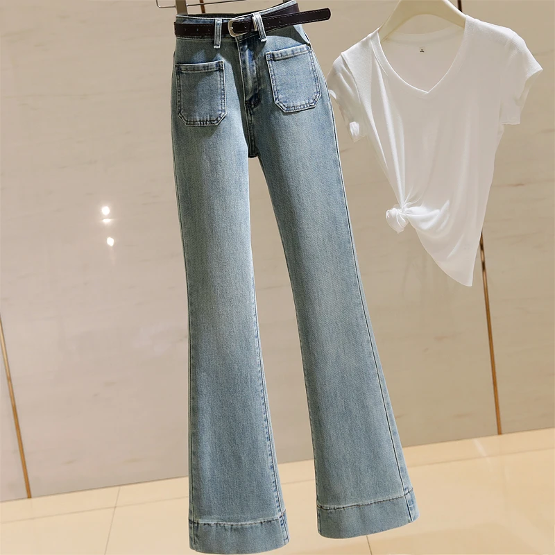 浅蓝色微喇叭牛仔裤女高腰2024春季新款修身显瘦百搭弹力阔脚裤潮