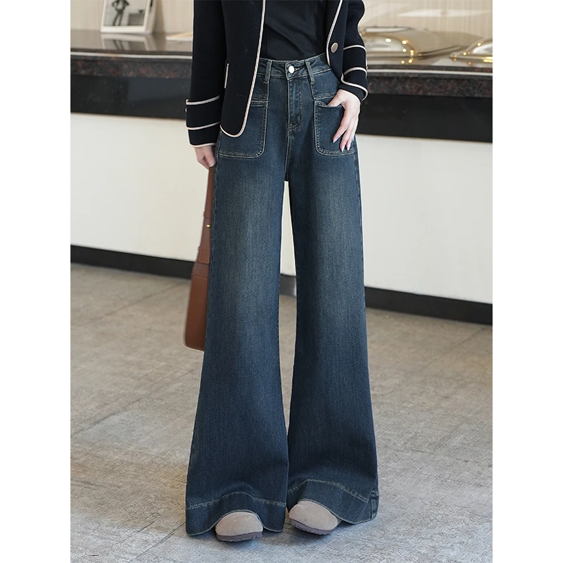 高腰加绒阔腿牛仔裤女2024秋冬新款宽松直筒弹力显瘦百搭喇叭长裤