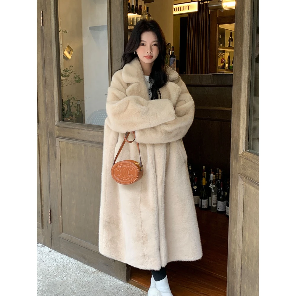 环保仿水貂绒长款宽松加厚毛一体西服领外套大衣女冬季