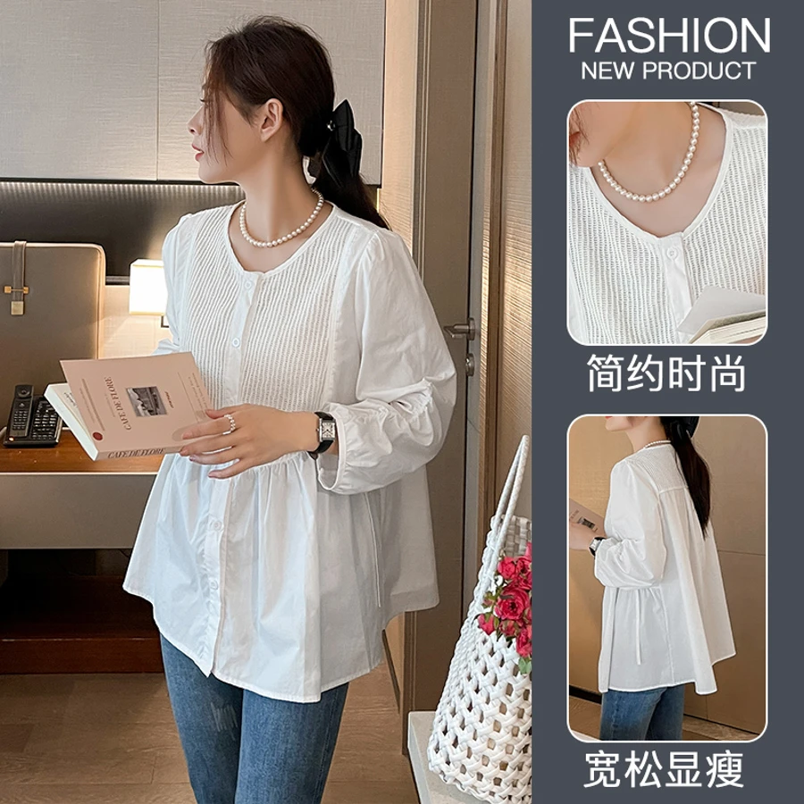 假两件拼接衬衫设计感洋气百搭宽松孕妇装百搭圆领长袖衬衫上衣