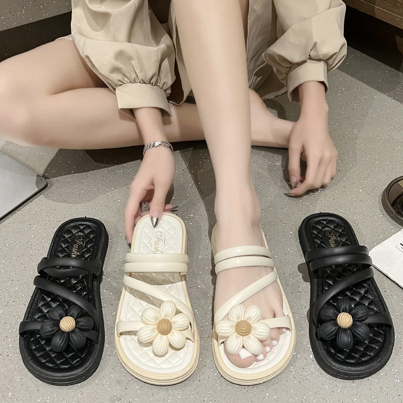 新款花朵凉鞋女厚底防滑潮流学生夏季外出两穿拖鞋罗马休闲鞋子
