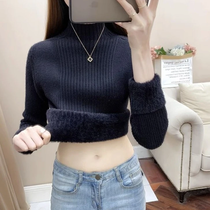 一体绒高领加绒毛衣打底衫女秋冬季2023年韩版百搭保暖加厚针织衫