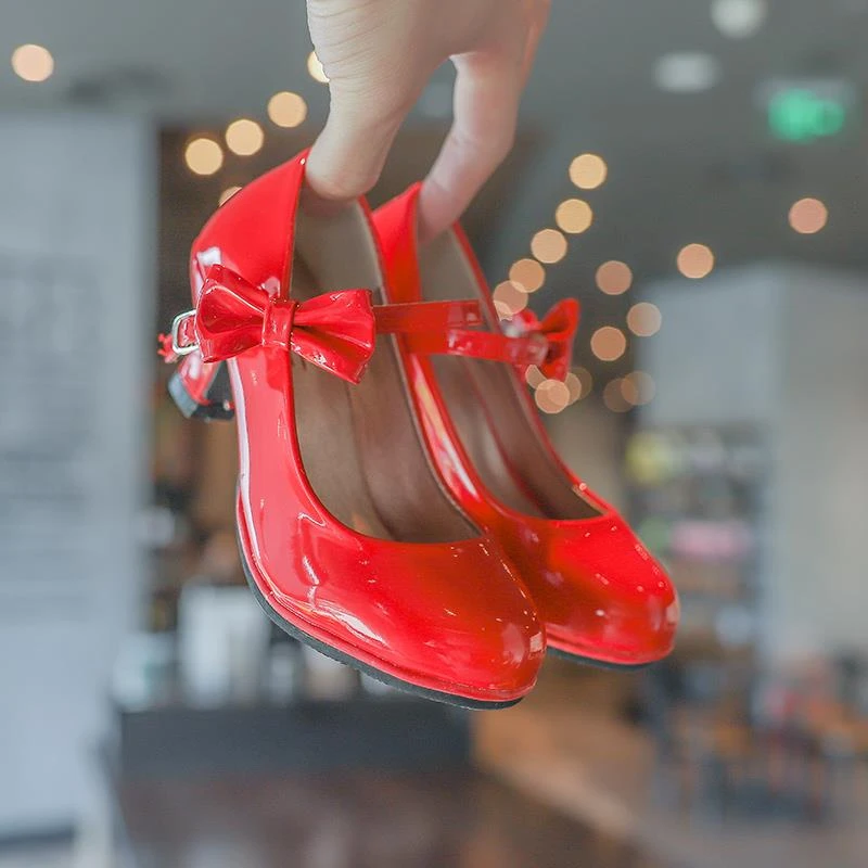 巴拉童装女童高跟鞋小公主单鞋红色儿童皮鞋小女孩演出走秀公主鞋