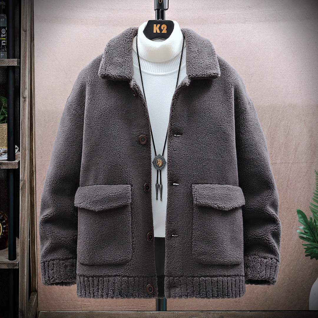 新款冬绵羊毛颗粒绒翻领百搭加厚保暖男生韩版宽松外套2358
