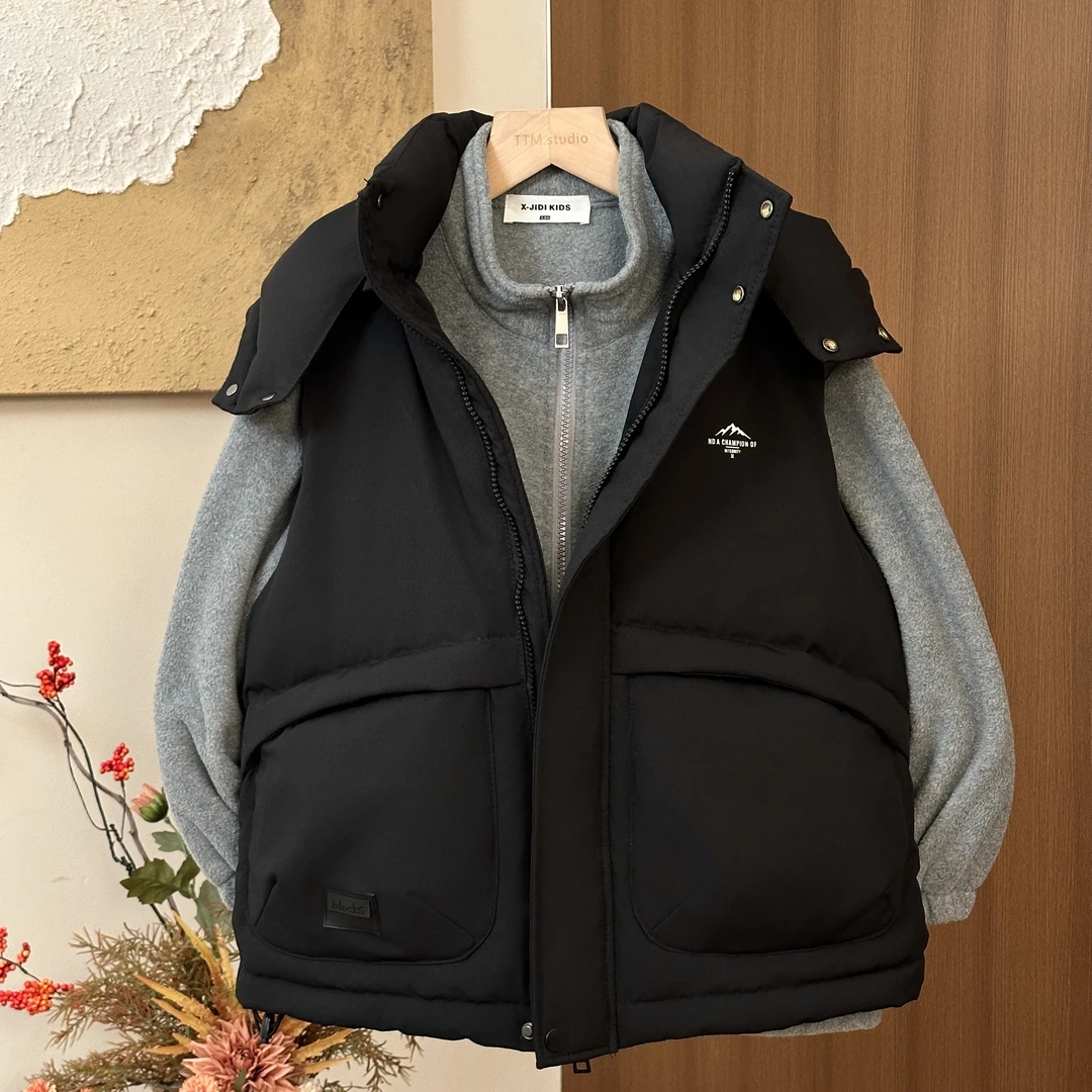 【2024703】男女童90白鸭绒+绵羊毛连帽马甲 中大童百搭加厚马夹