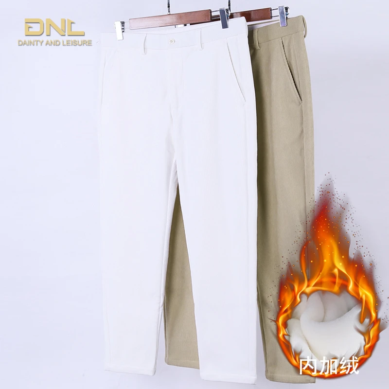 DNL灯芯绒加绒休闲裤男加厚九分裤 长裤修身小脚白色裤子男松紧腰