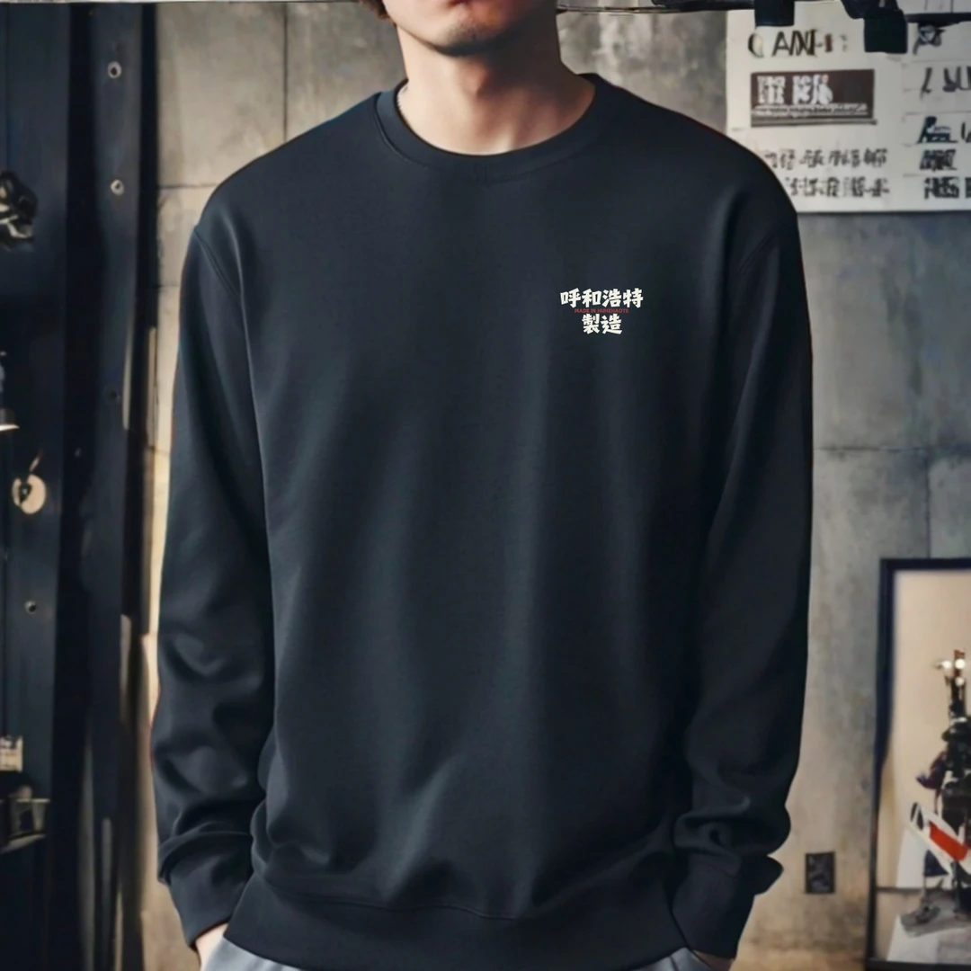 呼和浩特玉泉各市区文字名称印花长袖宽松圆领套头黑色加绒卫衣