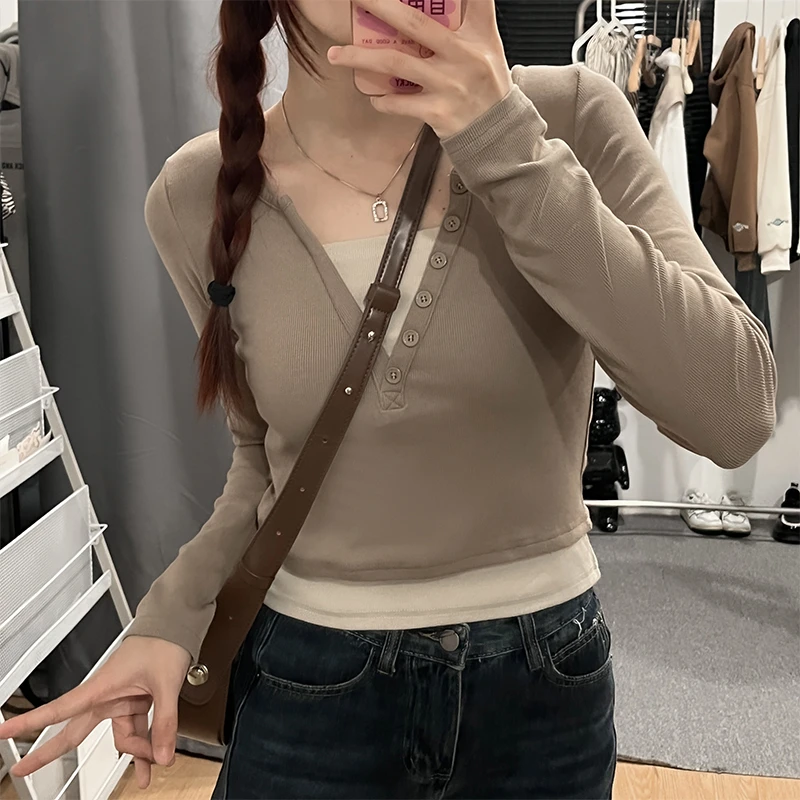 辣妹修身纯欲假两件长袖t恤女春装内搭打底衫设计感小众短款上衣