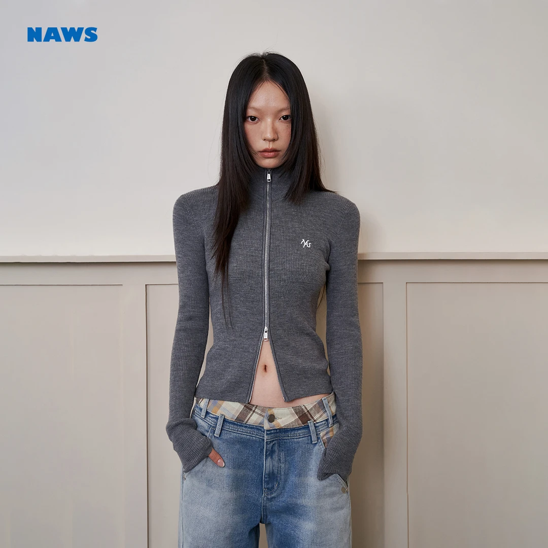 NAWS 经典logo针织开衫 100%德扬子纱羊毛修身拉链针织衫