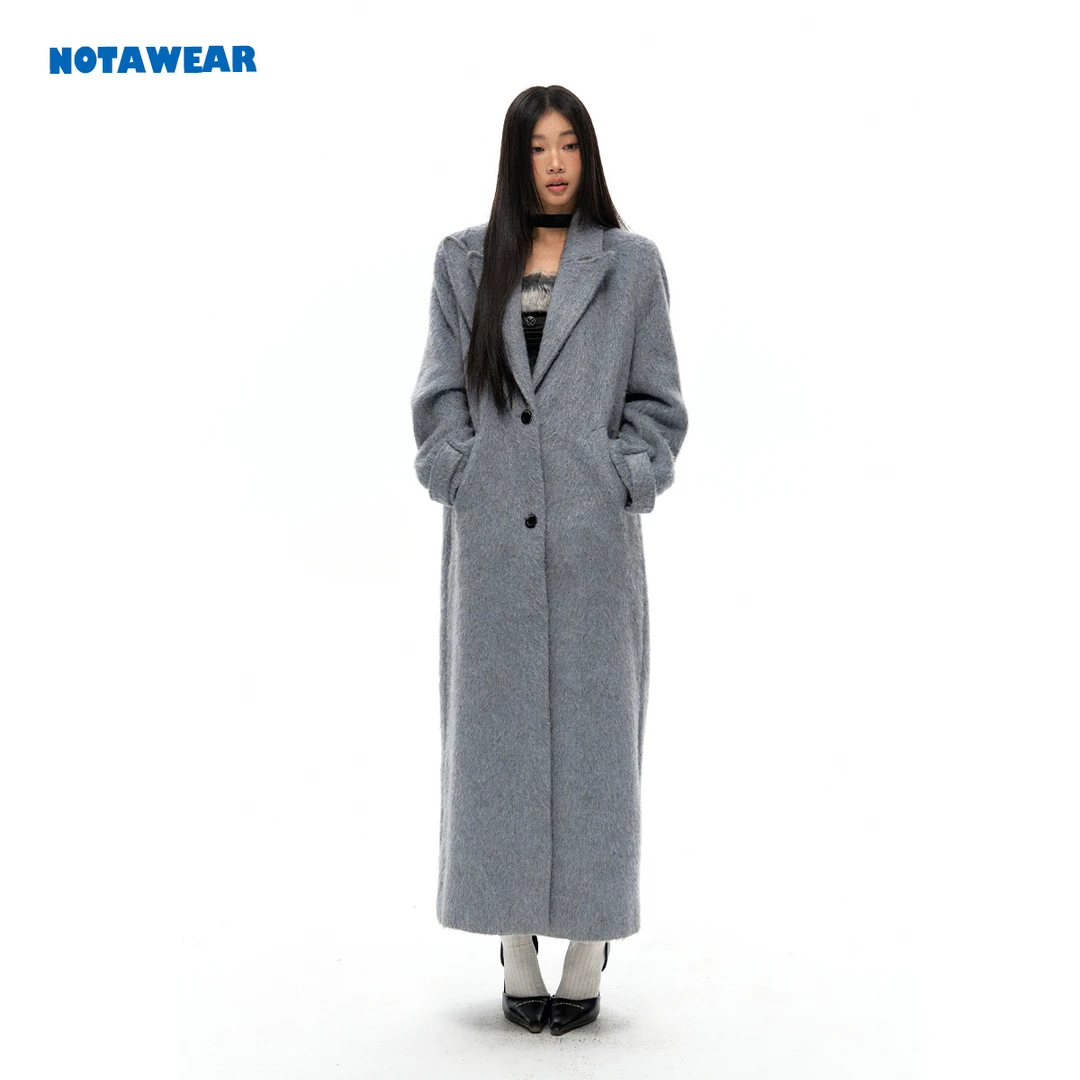NOTAWEAR 知识分子 双层戗驳领直筒阔版银丝羊毛呢大衣外套