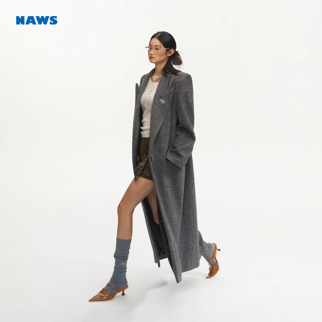 NAWS 流浪大衣 摩登阔版人字纹毛呢外套中长款羊毛大衣