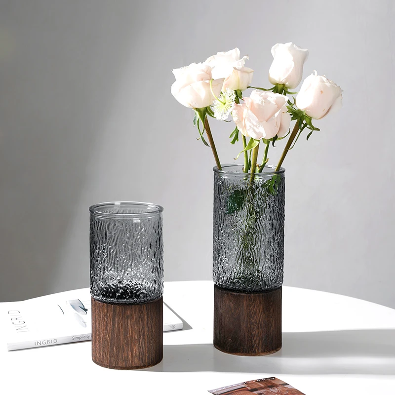 ins轻奢北欧透明玻璃花瓶木托创意水养鲜花玫瑰插花餐桌装饰摆件