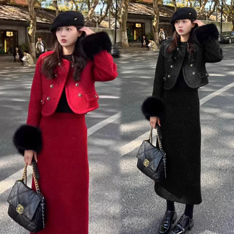 【宝藏】大码小香风套装裙冬季新款名媛短外套高腰半身裙两件