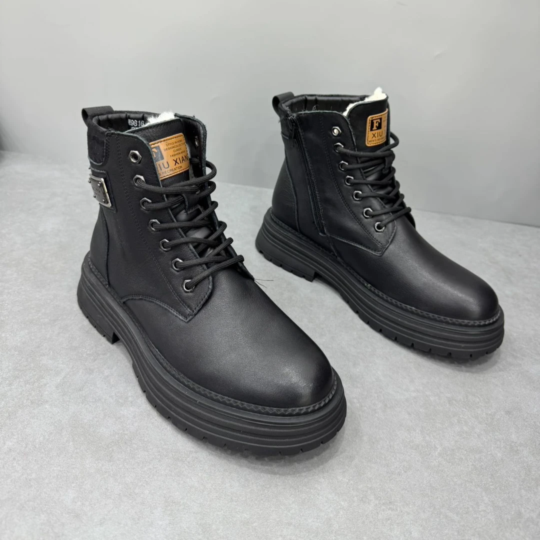 冬季牛皮保暖系带百搭防滑青年时尚机车靴高帮男鞋子马丁靴男