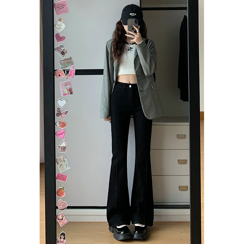 黑色微喇牛仔裤女秋季新款高腰显瘦显高设计感时尚百搭长裤拖地裤