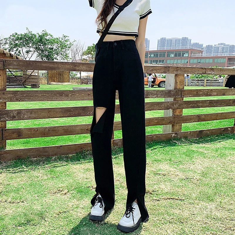 黑色开叉牛仔裤女破洞大码宽松显瘦直筒阔腿裤春夏高腰拖地裤子潮